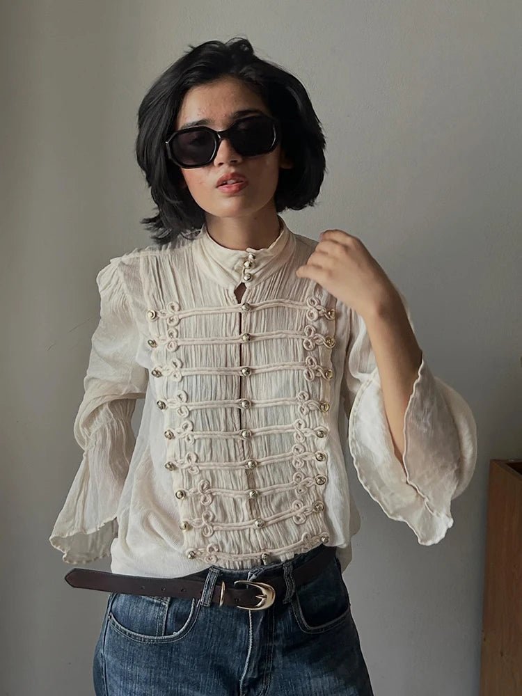 ZEYA Miranda Vintage Stand Collar Frog Button Blouse in Beige