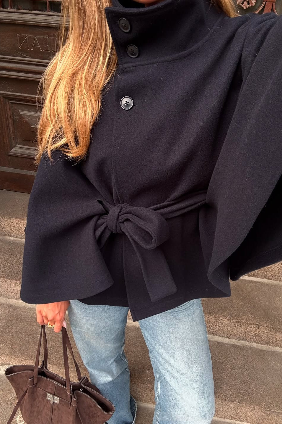 ZEYA - Arianne Elegant High - Neck Belted Cape Jacket