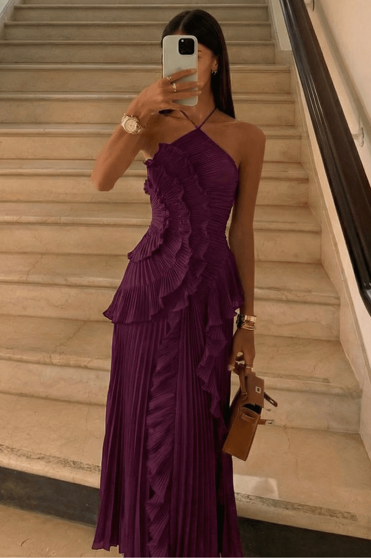 ZEYA - Bayley Halter Pleated Ruffle Maxi Dress
