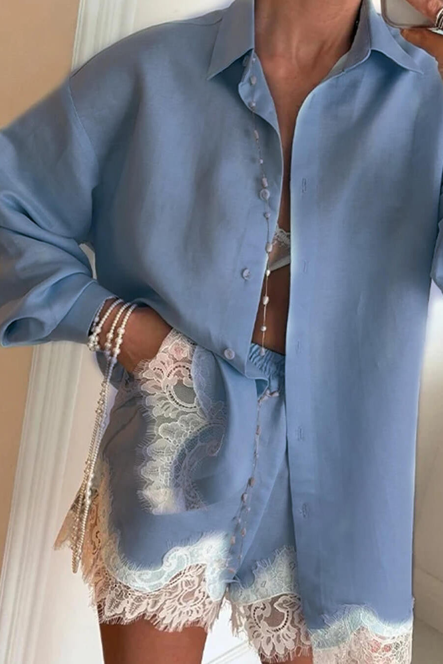 ZEYA - Bianca Lace Patchwork Beach Shirt Set
