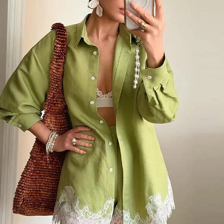 ZEYA - Bianca Lace Patchwork Beach Shirt Set