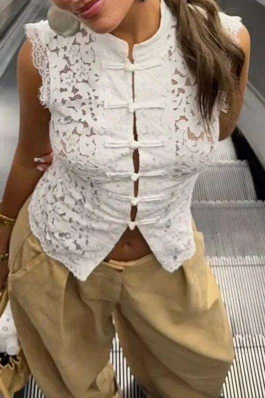 ZEYA - Celeste Sheer Lace Mandarin Collar Blouse