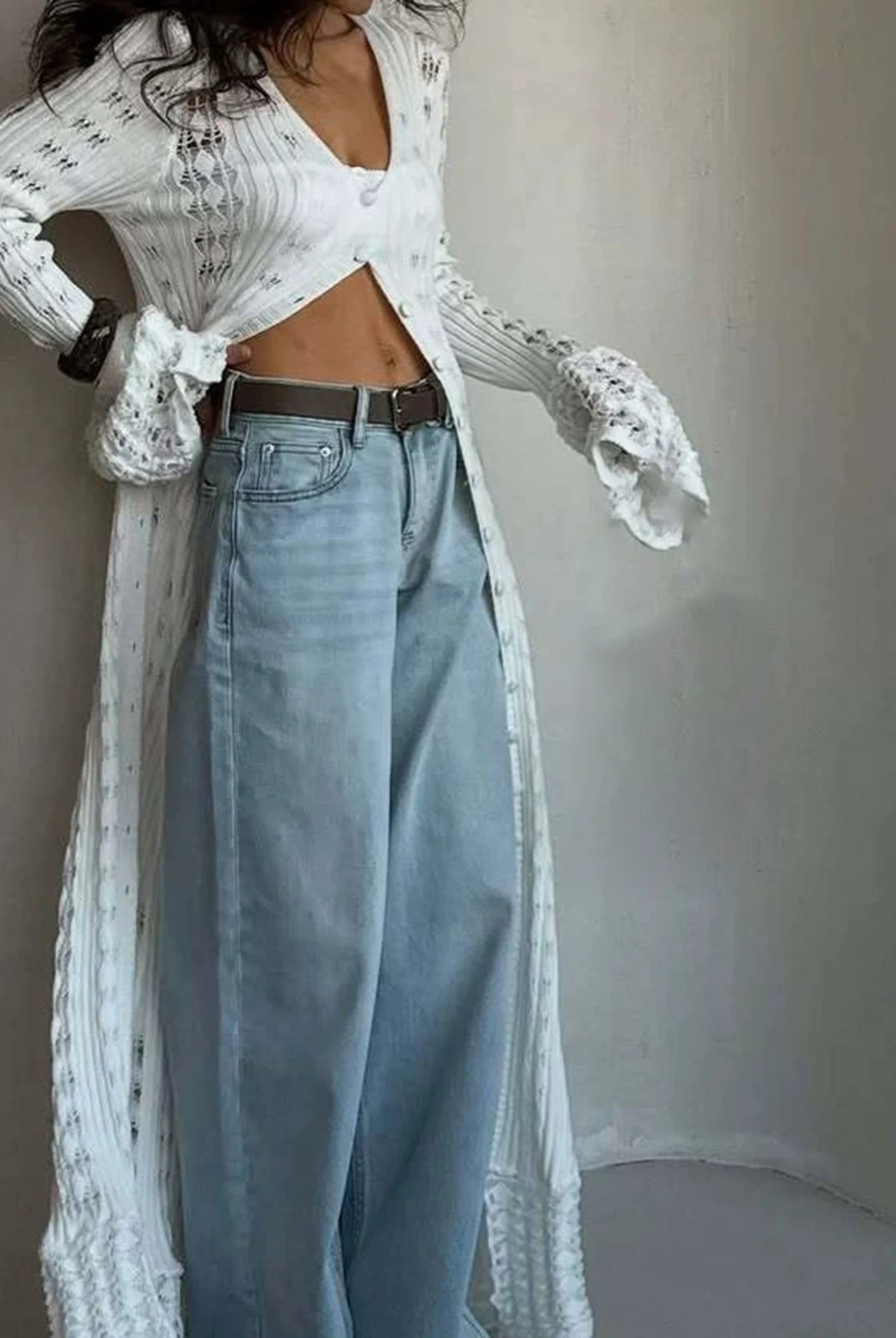 ZEYA - Genevra Hollowed V-Neck Long Cardigan