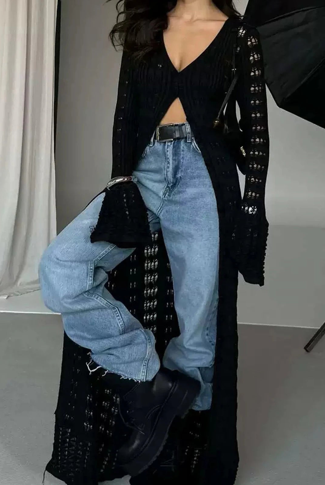 ZEYA - Genevra Hollowed V-Neck Long Cardigan