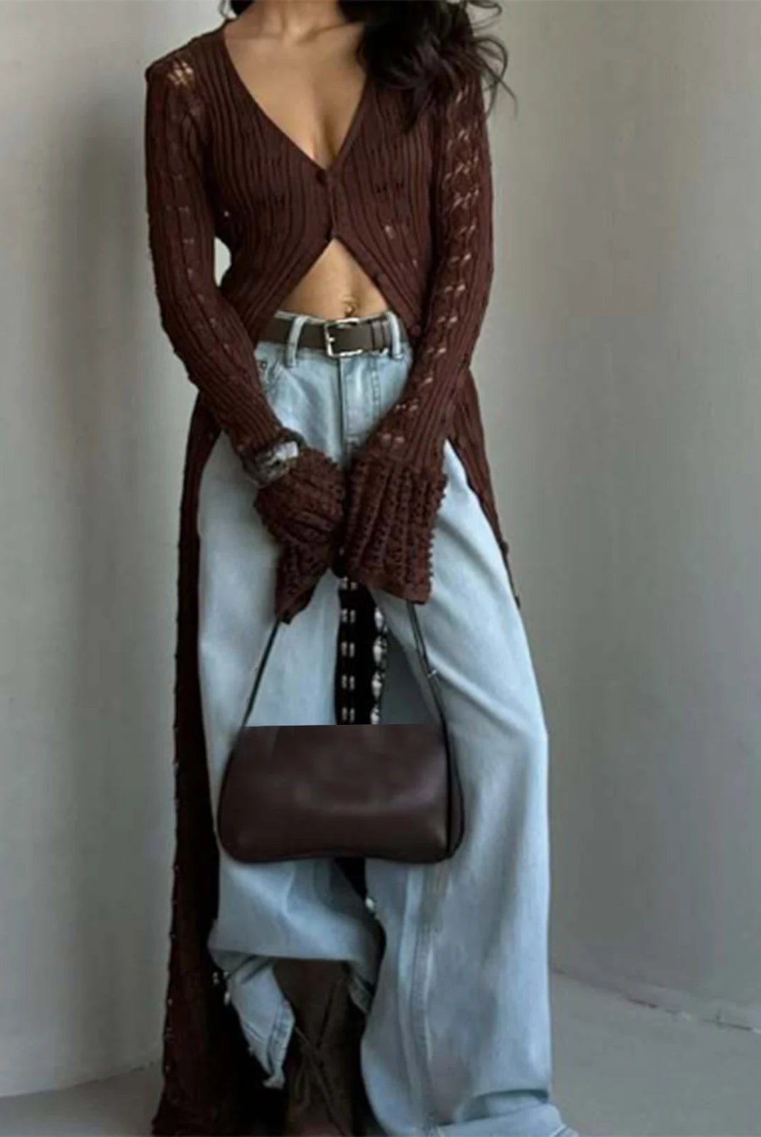 ZEYA - Genevra Hollowed V-Neck Long Cardigan