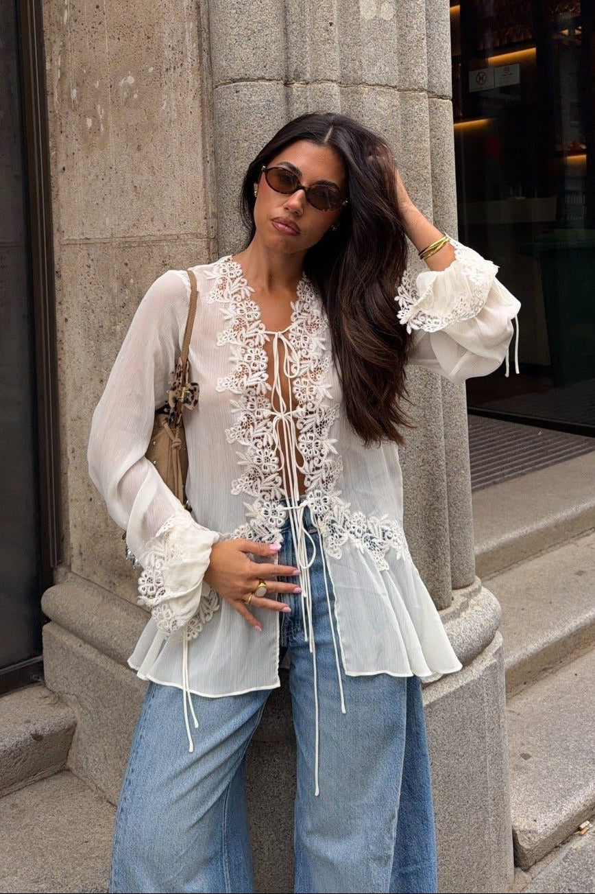 ZEYA - Halle Front-Tie Lace Appliqué Top