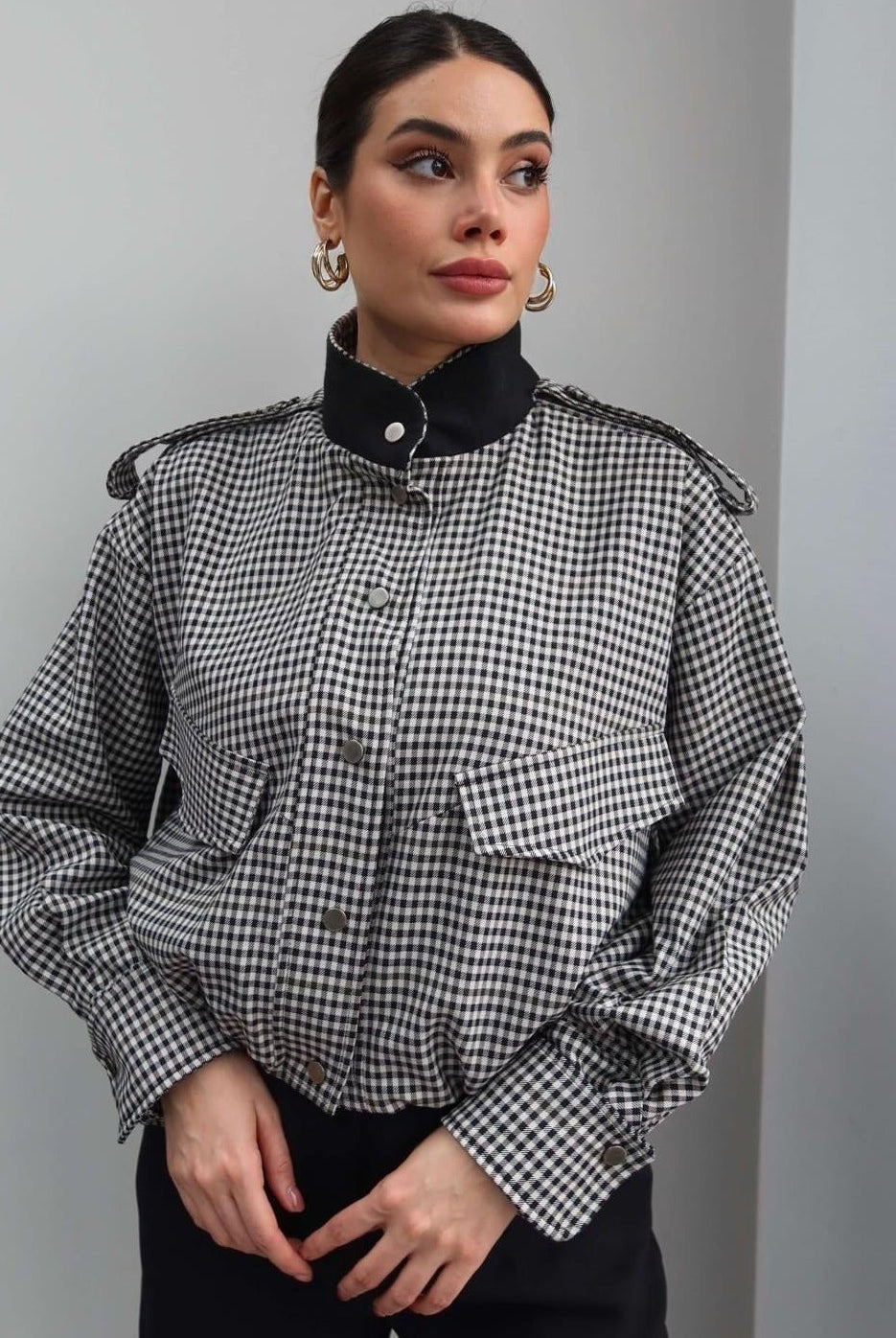 ZEYA - Lisa High Neck Checked Bomber Jacket