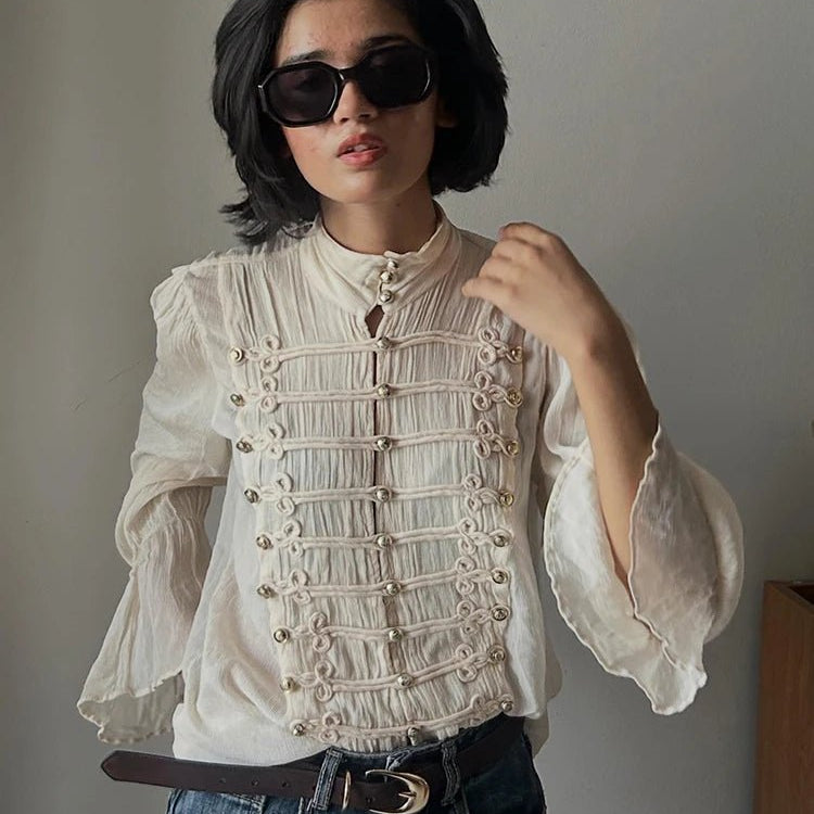 ZEYA - Miranda Vintage Stand Collar Frog Button Blouse