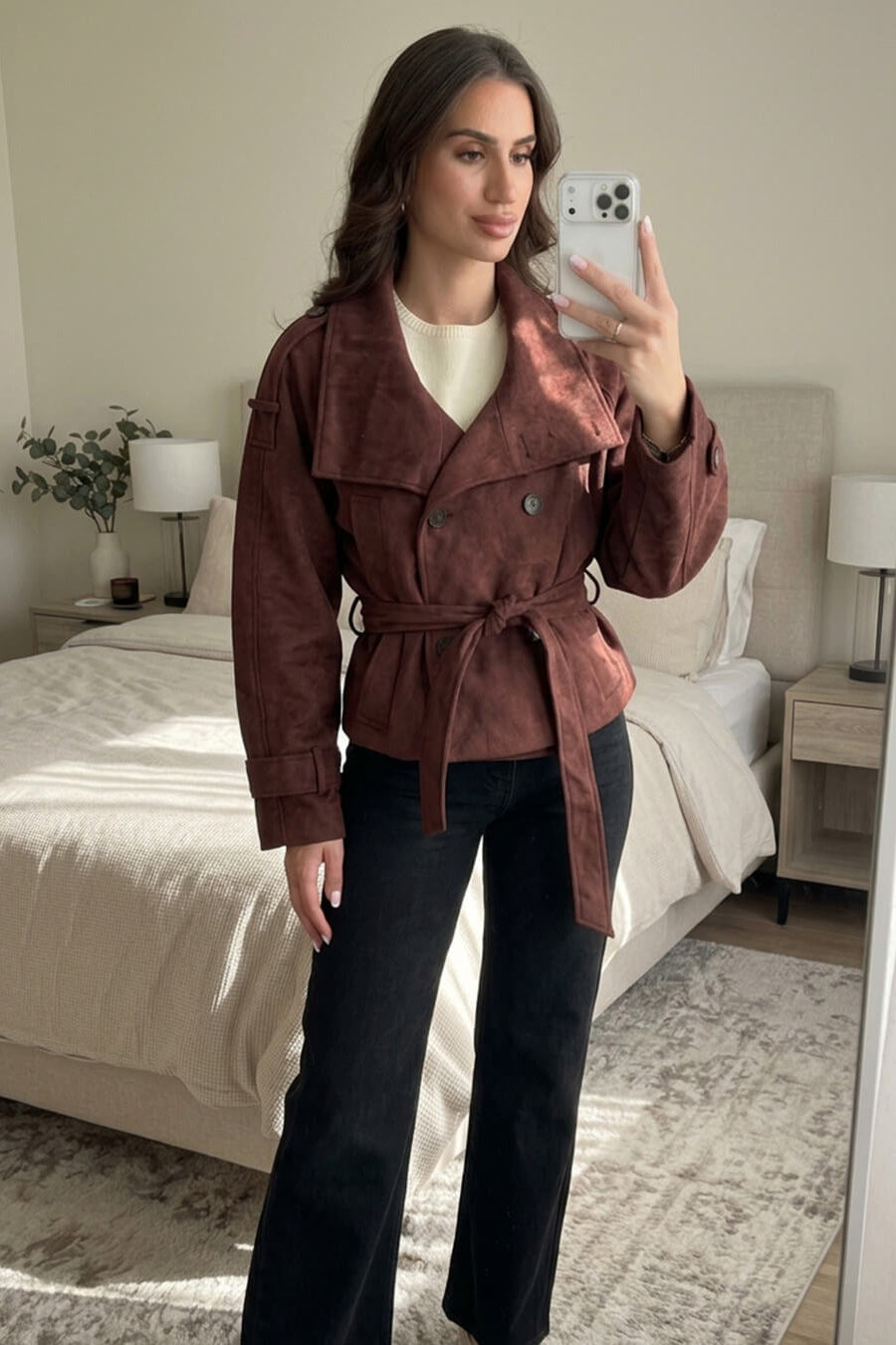 ZEYA - Nicole Funnel Neck Faux Suede Belted Jacket
