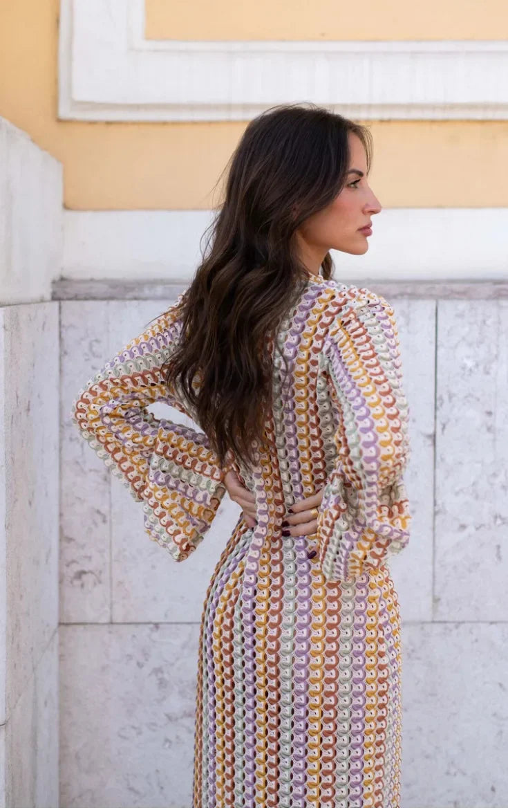 Sophia Crochet Stripe Flare Sleeve Maxi Dress