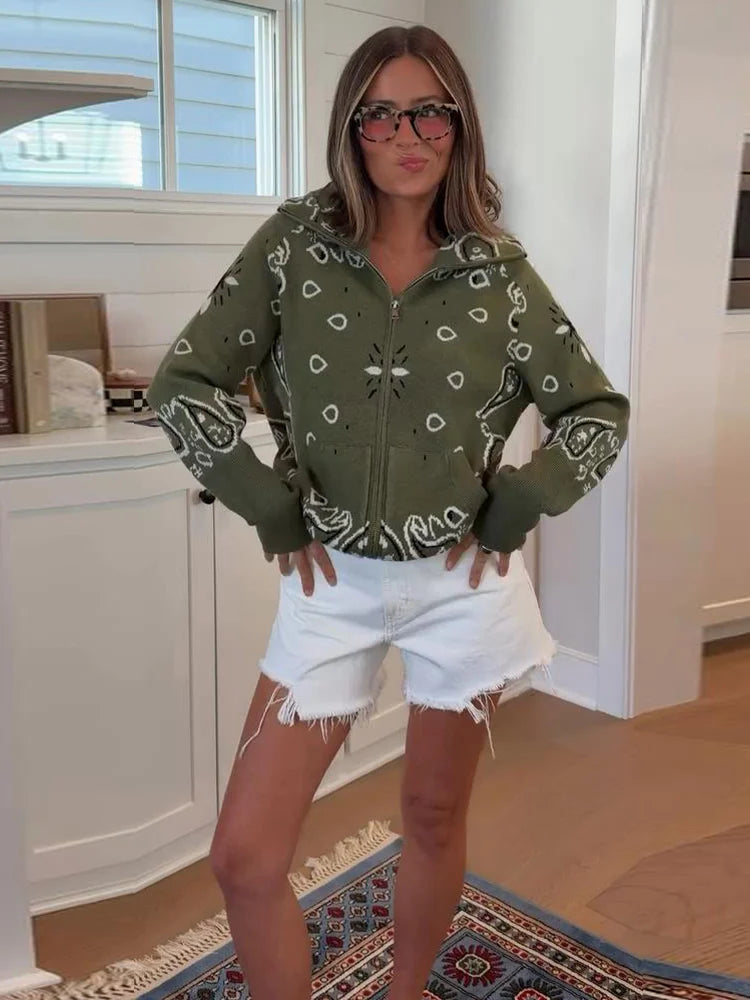 Melanie Paisley Zip-Up Knit Jacket