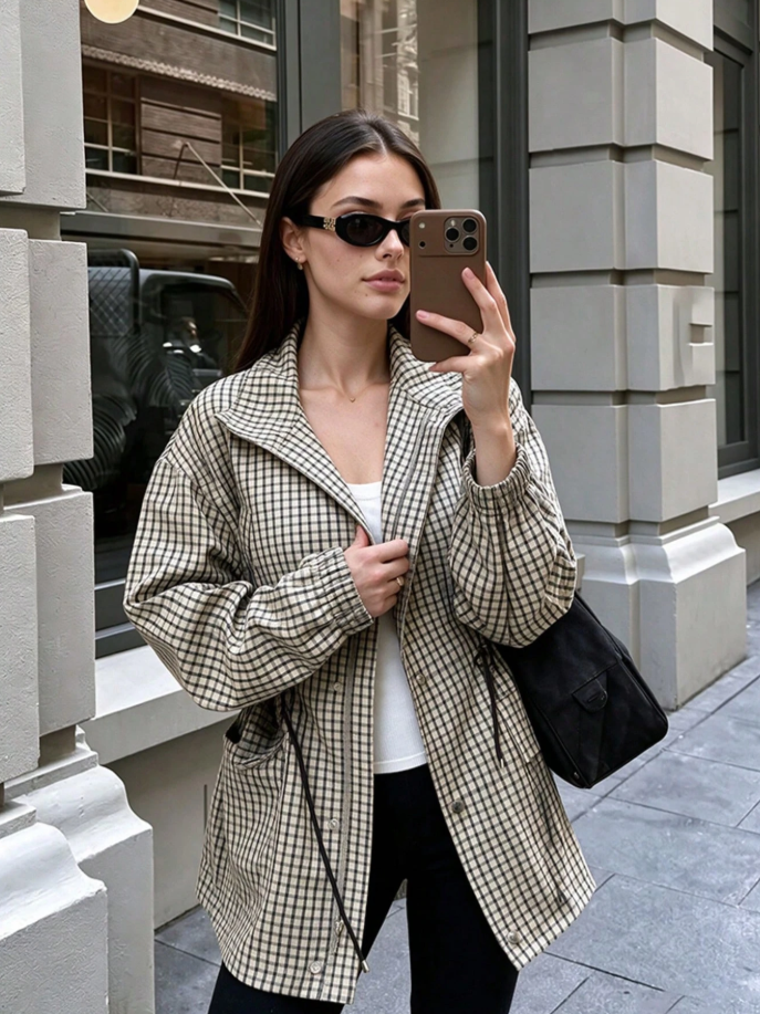 Isabel High-Neck Plaid Jacket