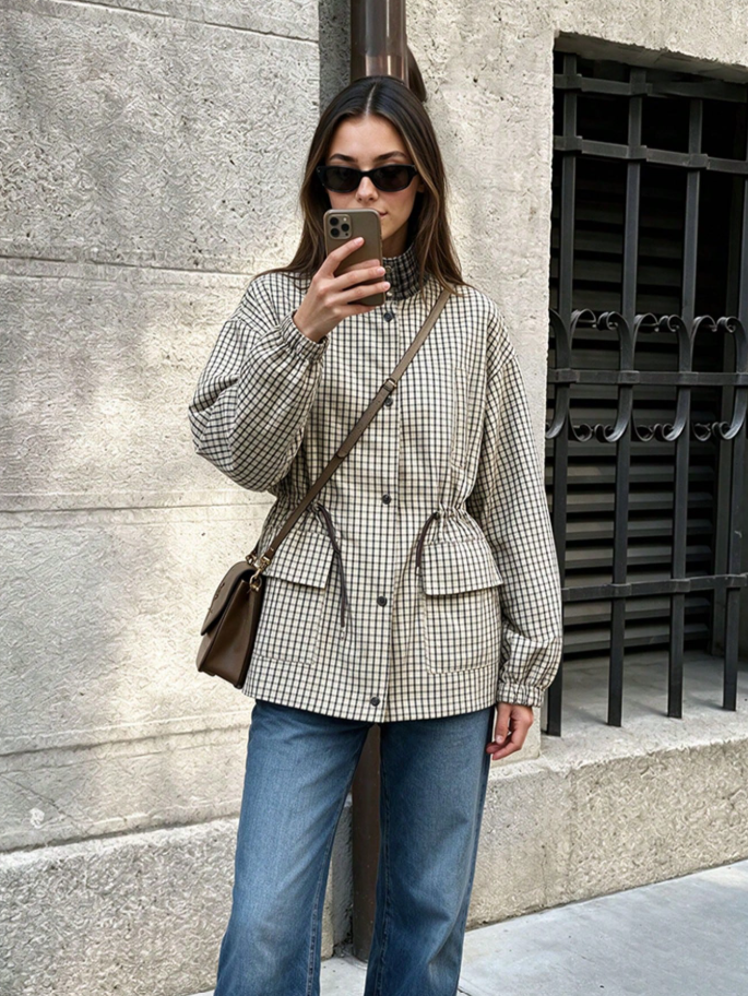 Isabel High-Neck Plaid Jacket
