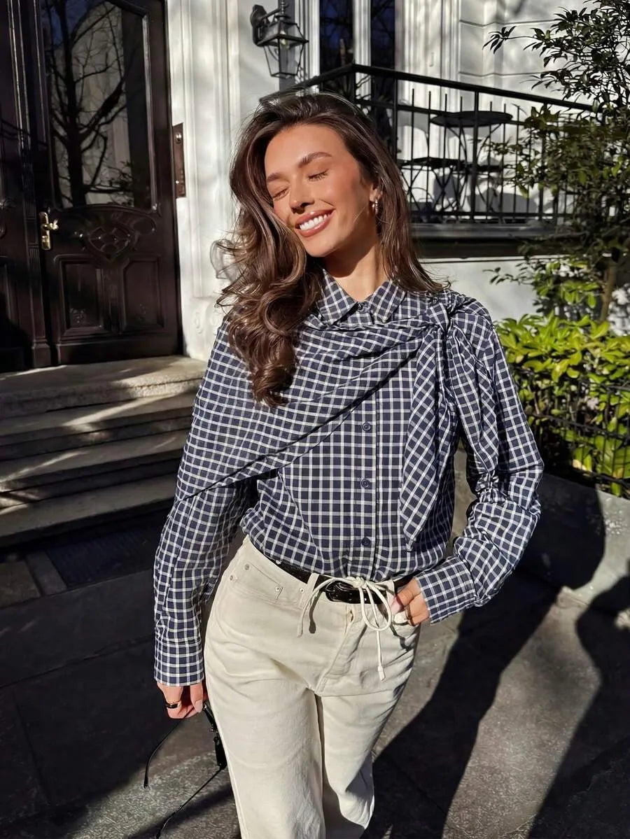Nicole Plaid Scarf-Tie Shirt