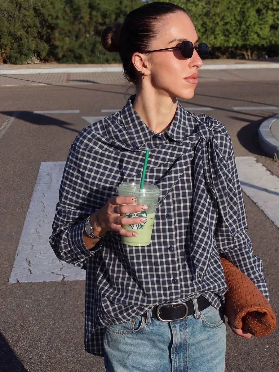 Nicole Plaid Scarf-Tie Shirt