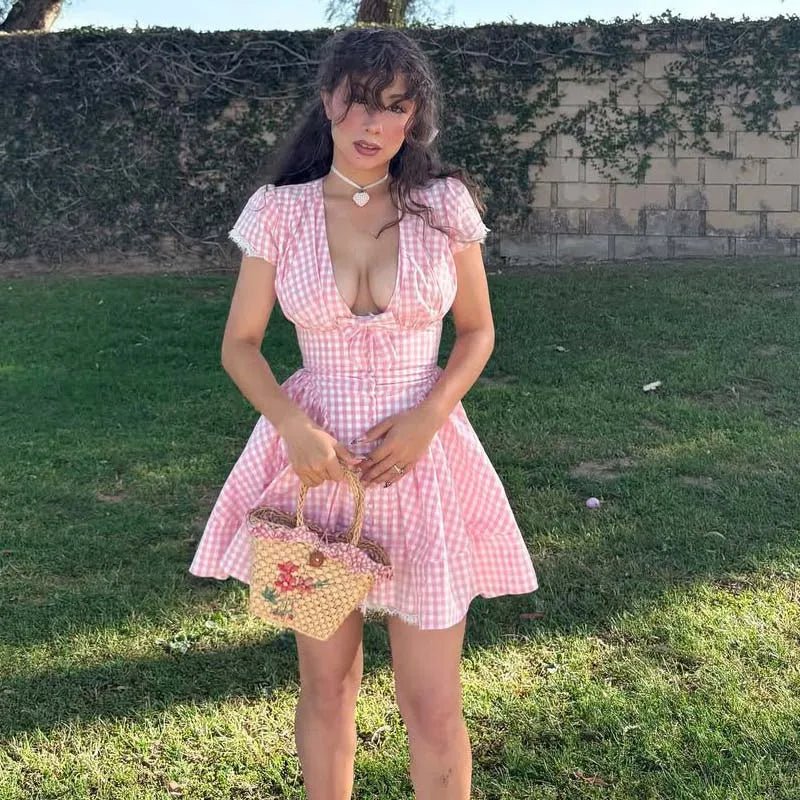 Vesna Pink Plaid Bow Mini Dress