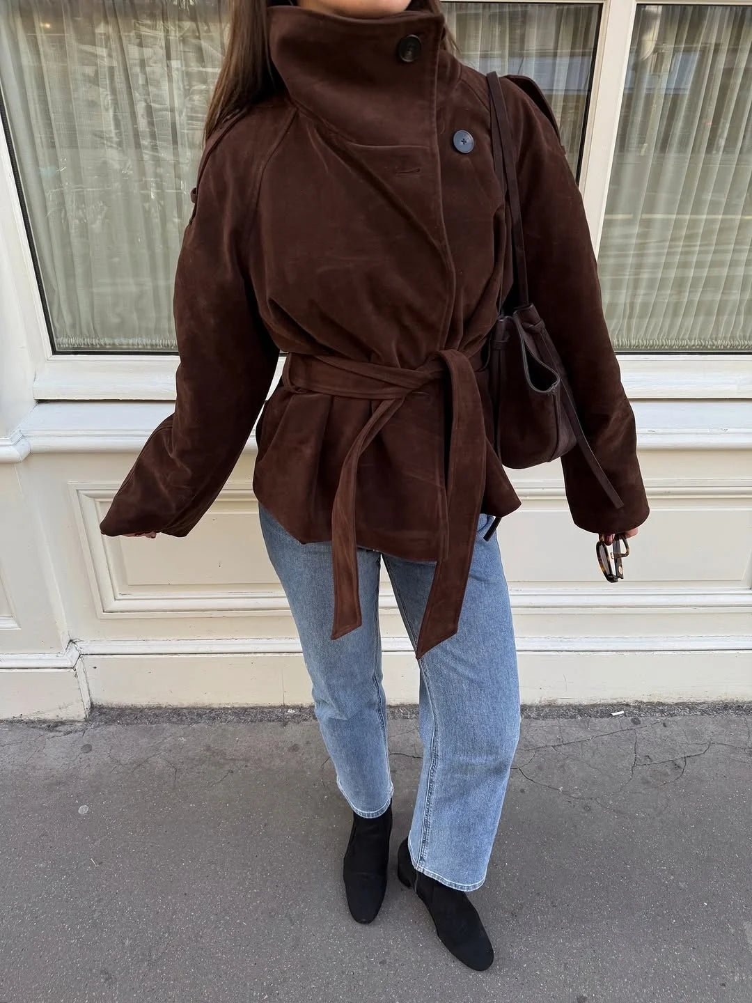 Josie Funnel Faux Suede Trench Coat