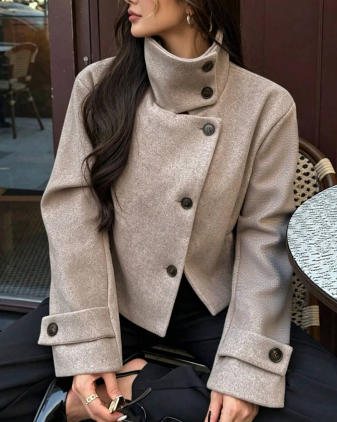 Monica Rose Buckle Stand Collar Coat