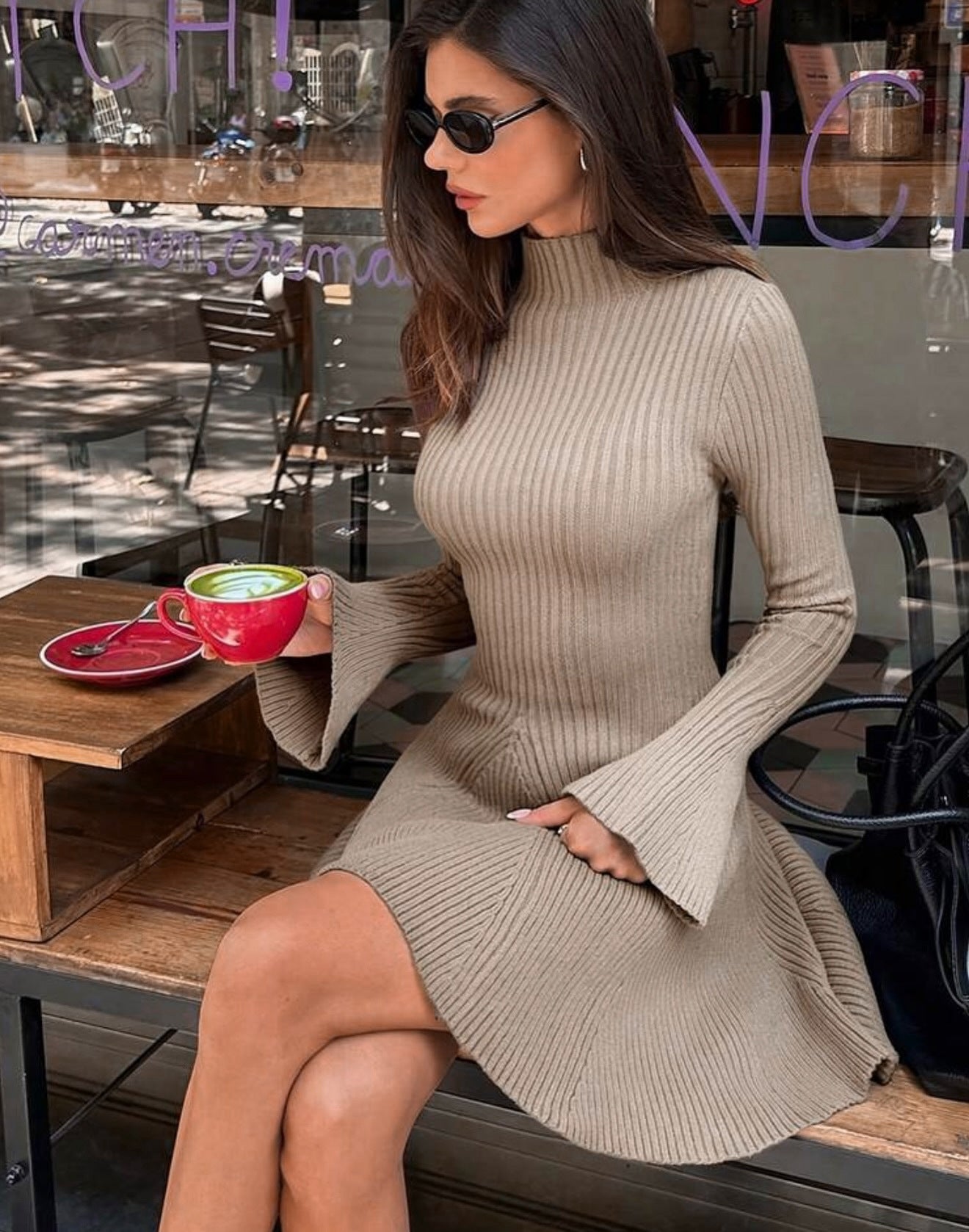 ZEYA Anna Bell Sleeve Ribbed Knit Sweater Dress in Beige