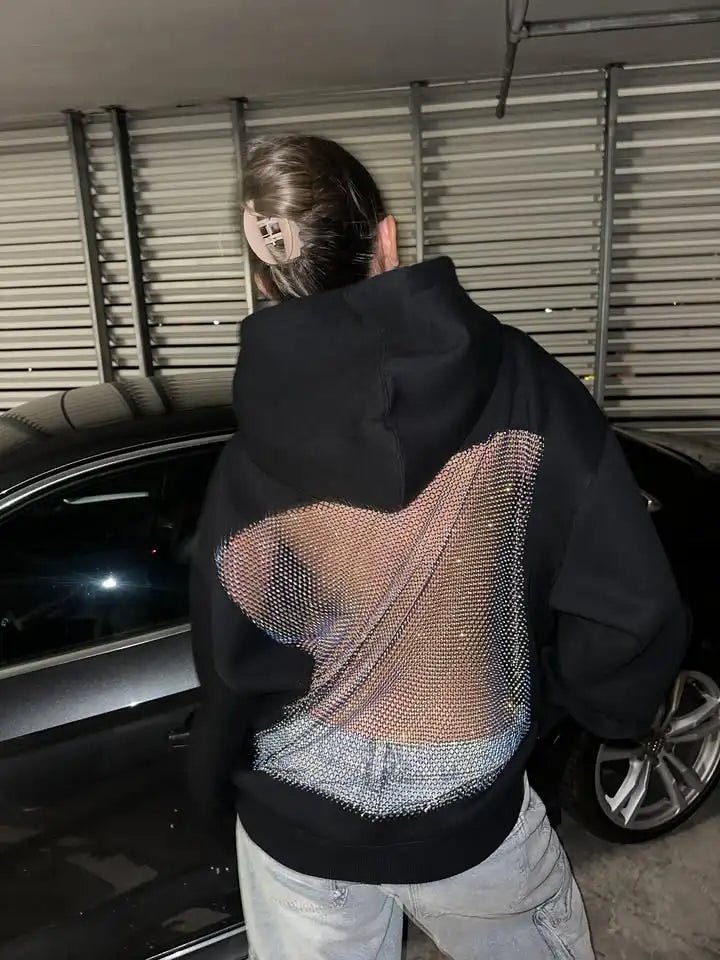 ZEYA - Bridget Rhinestone Mesh Open Back Hoodie