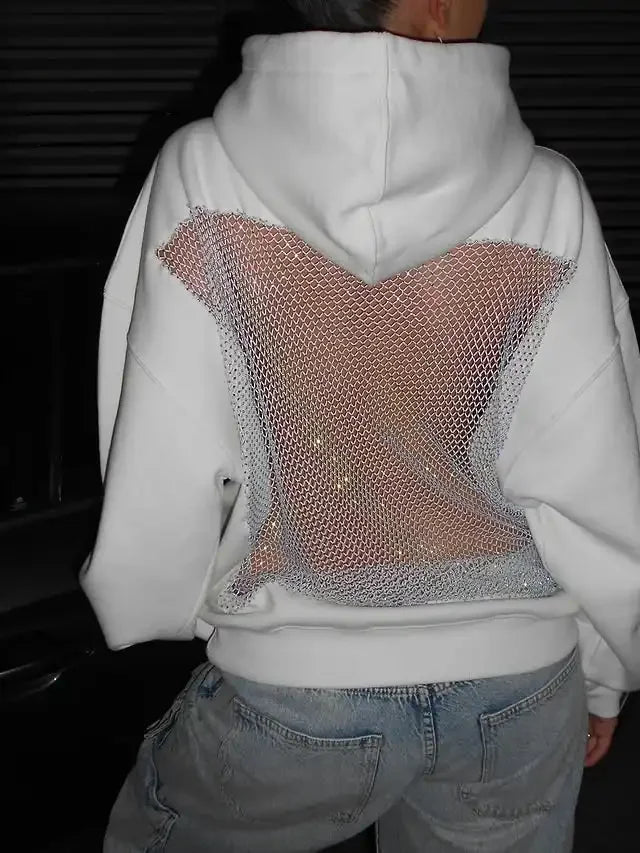 ZEYA - Bridget Rhinestone Mesh Open Back Hoodie