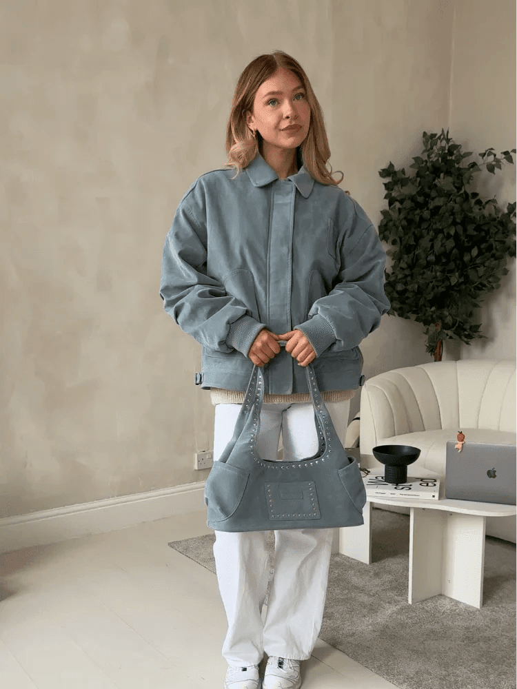 ZEYA - Camille Babyblue Suede Bomber Jacket