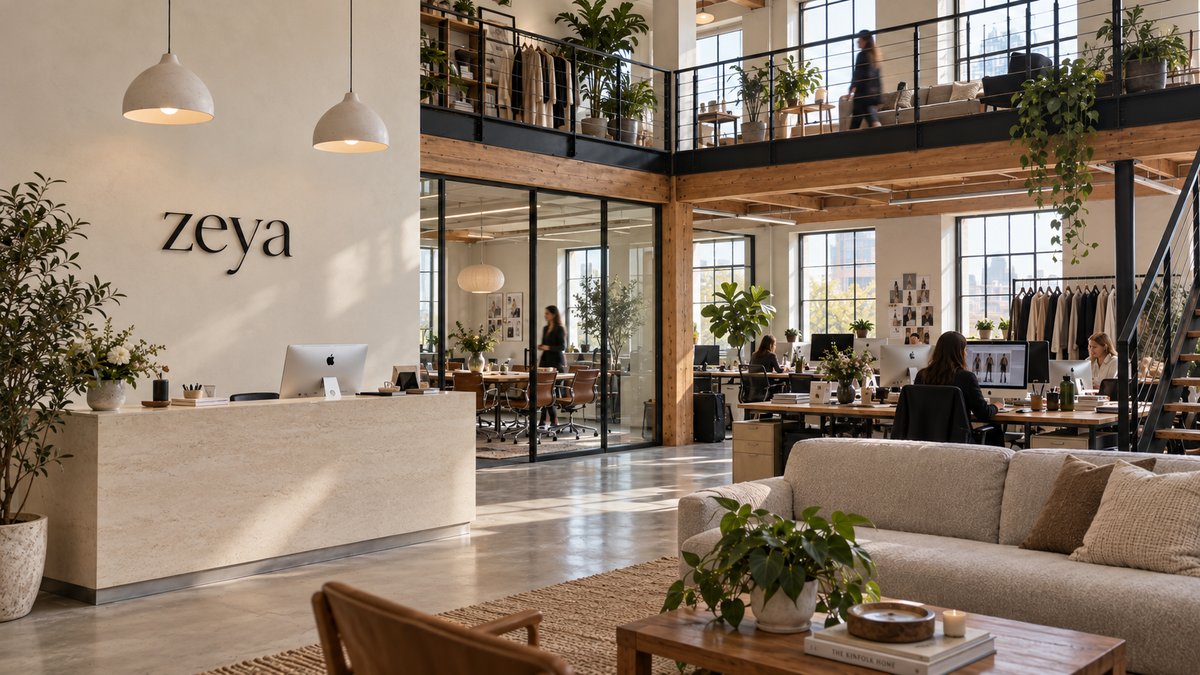 ZEYA office reception with the official wall logo and an open-plan fashion workspace