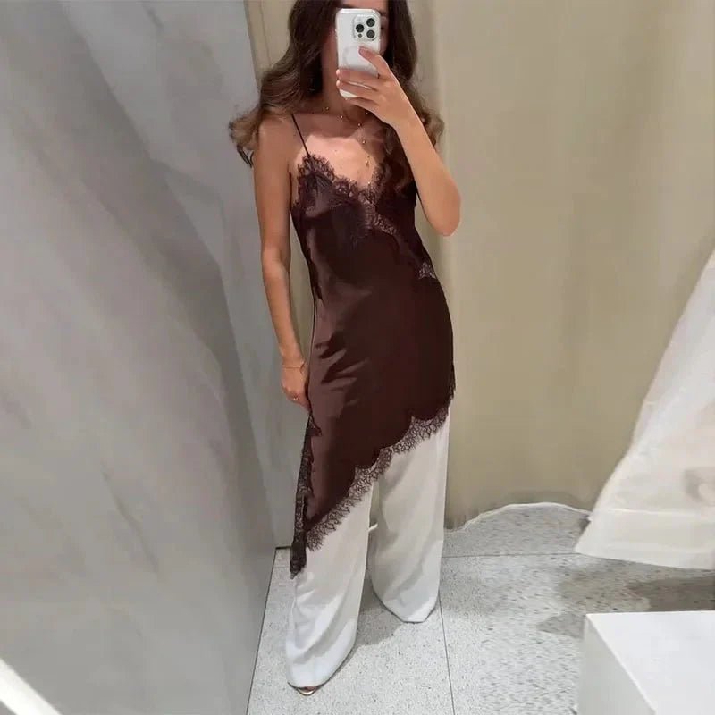 ZEYA - Chiara Asymmetric Satin Lace Midi Dress