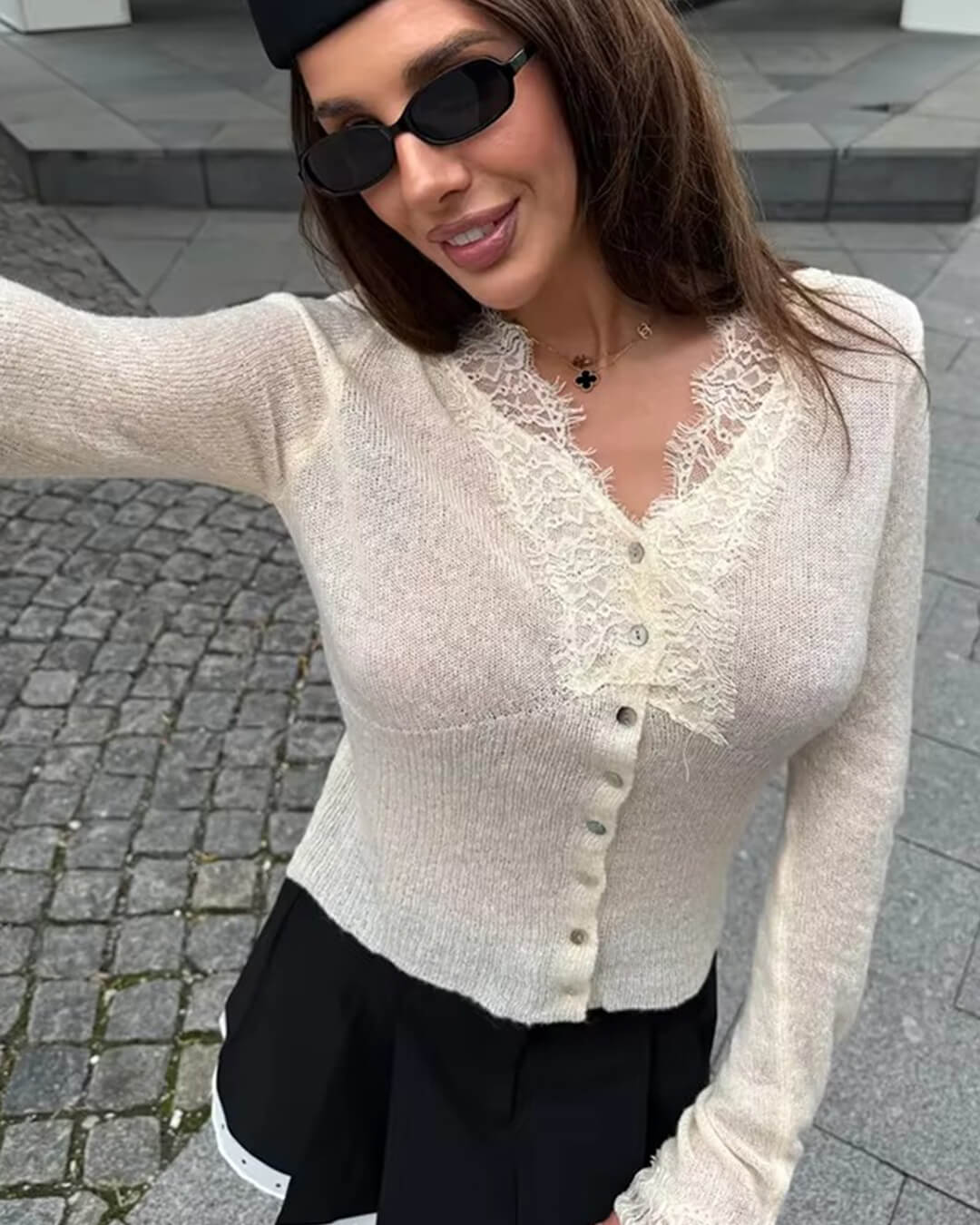 ZEYA - Emma V-Neck Lace Trim Cardigan
