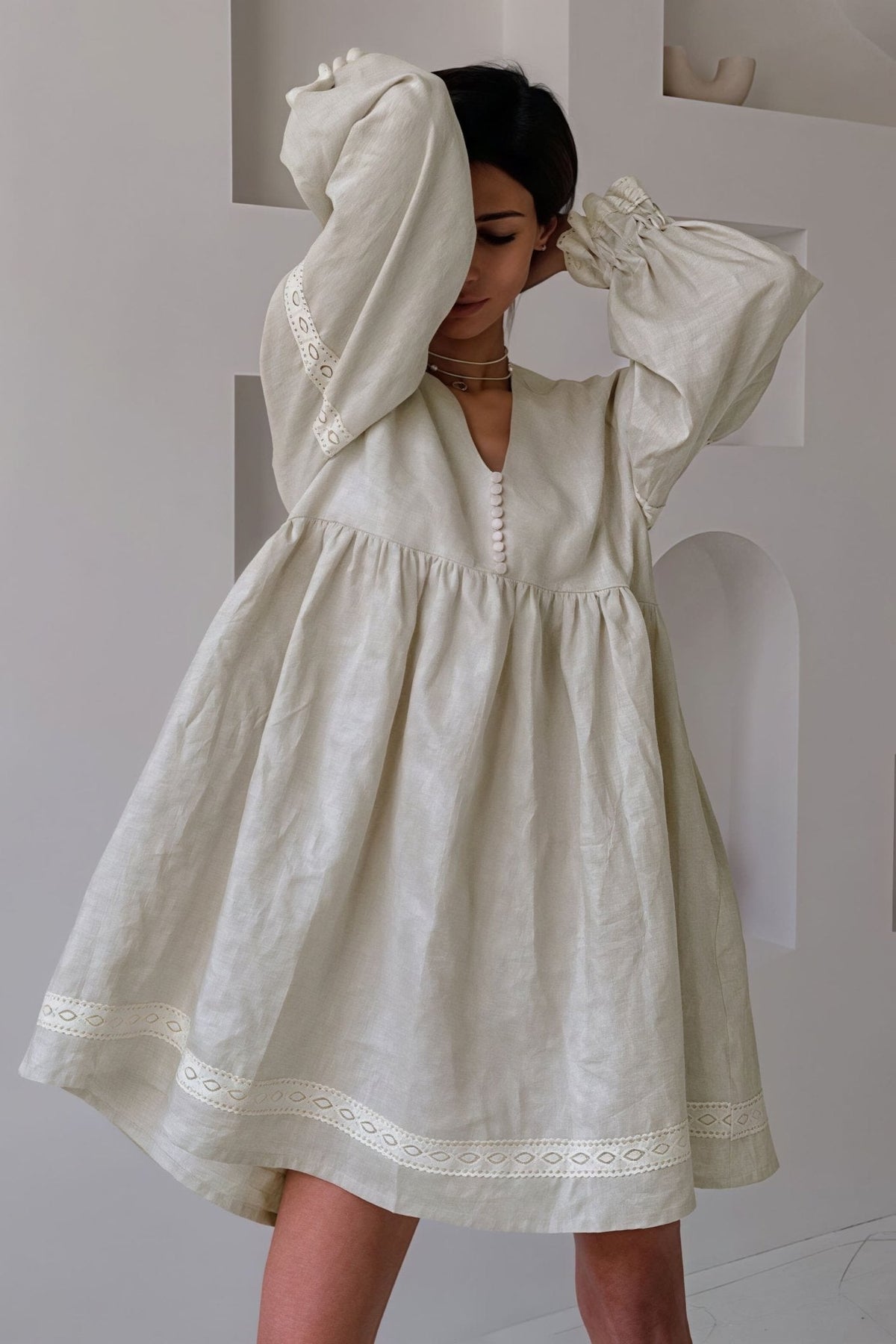 ZEYA - Hermione Cotton Linen V - Neck Lantern Sleeve Mini Dress