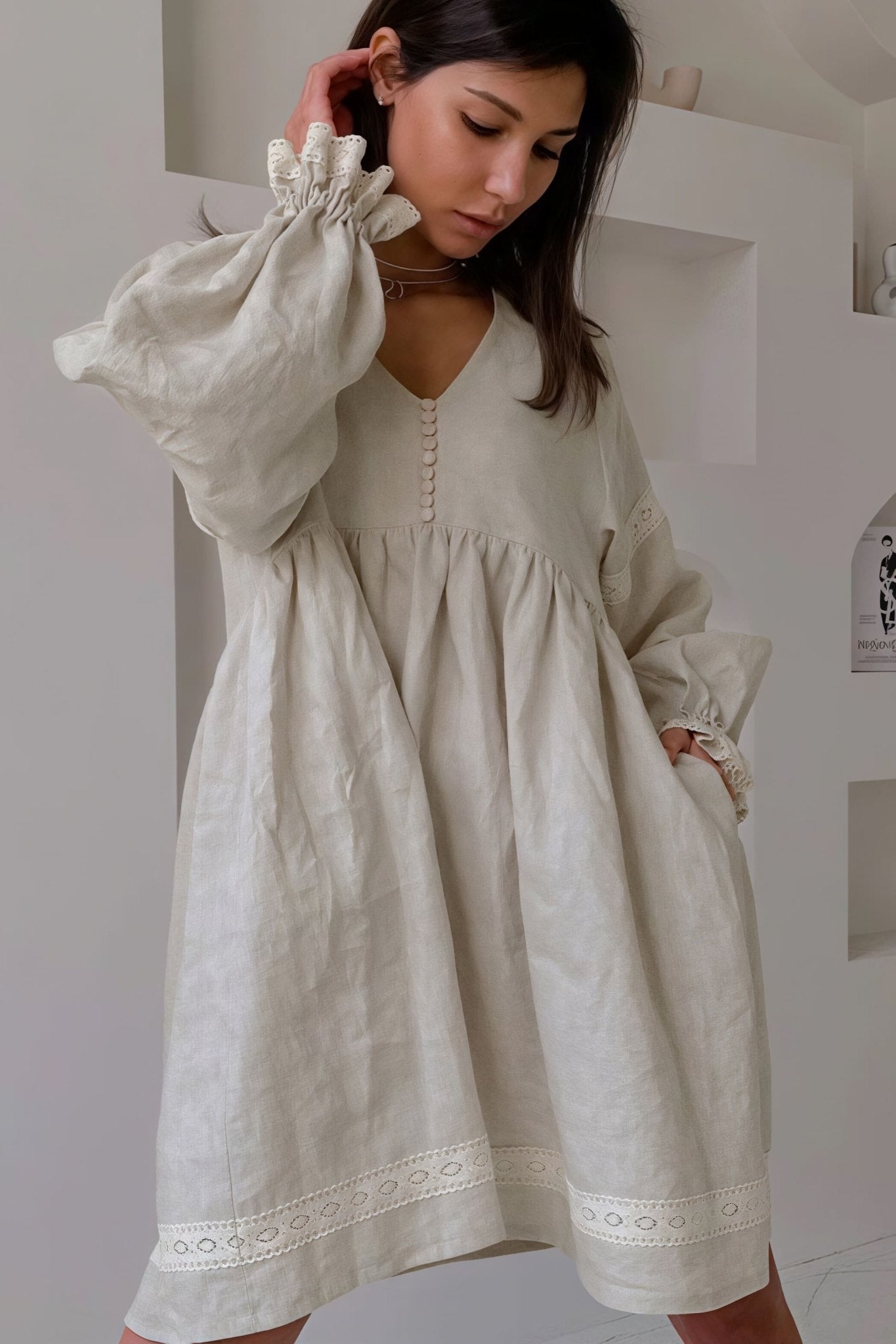ZEYA - Hermione Cotton Linen V - Neck Lantern Sleeve Mini Dress