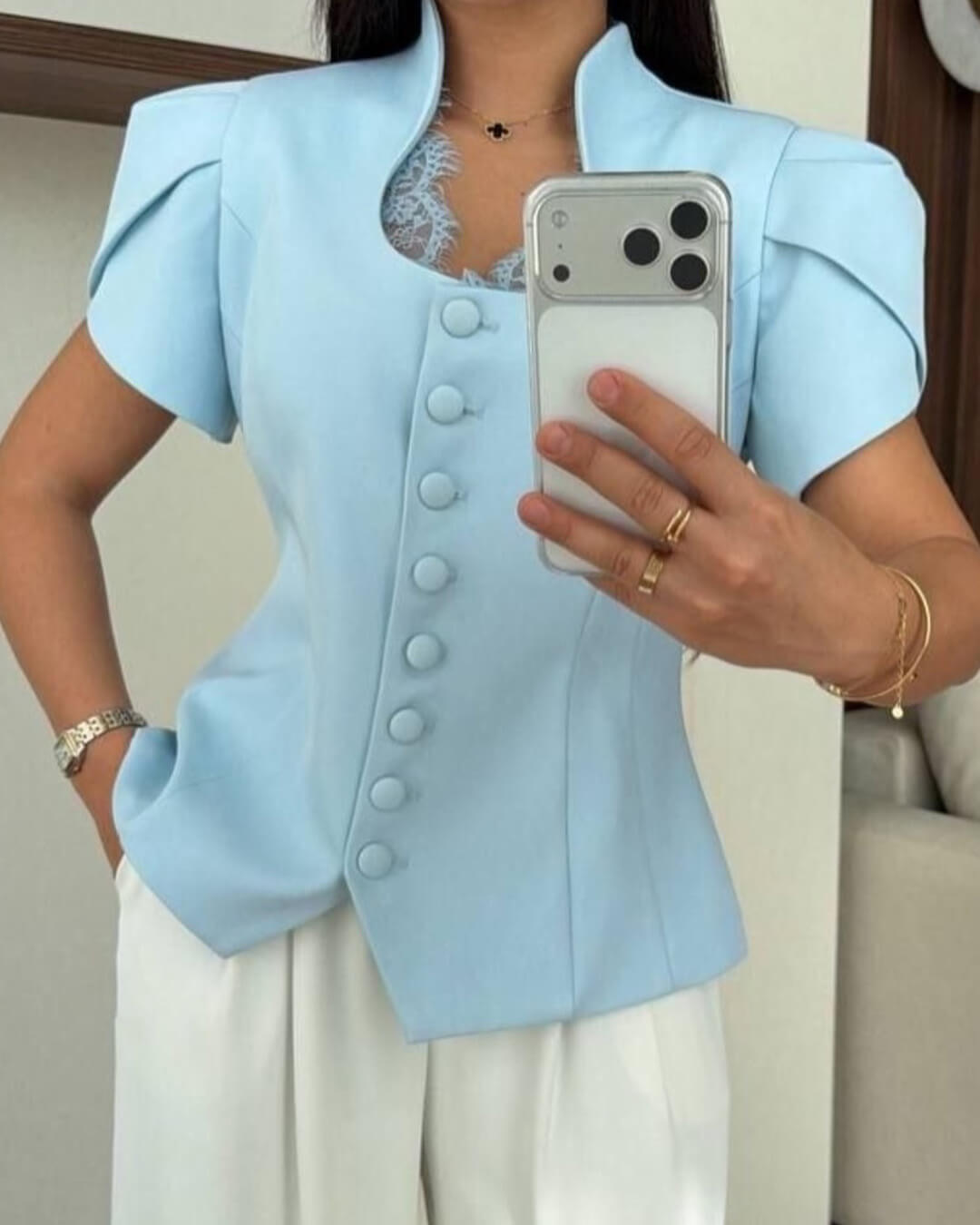 ZEYA - Leah Button Front Stand Collar Top