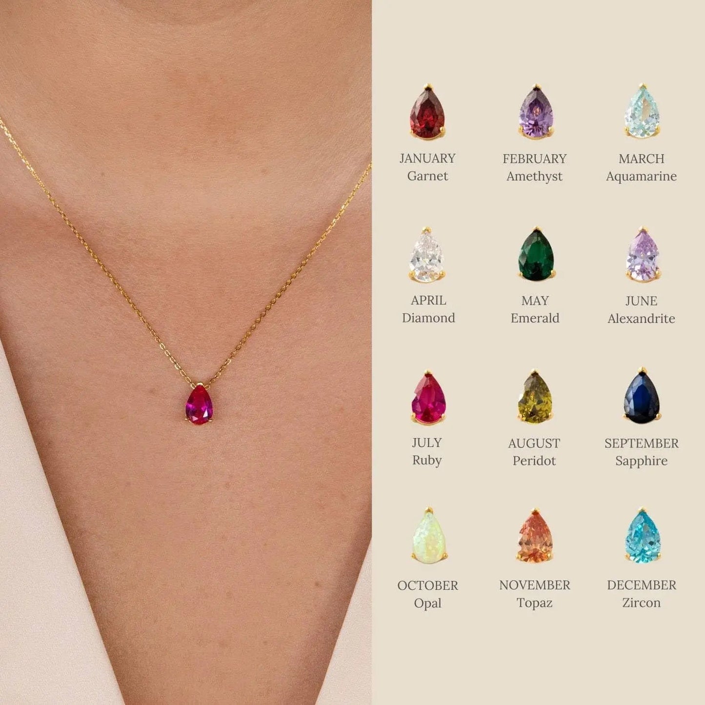 ZEYA - Lilith Necklace - Teardrop Pendant with Birthstone Zirconia Stones for Women
