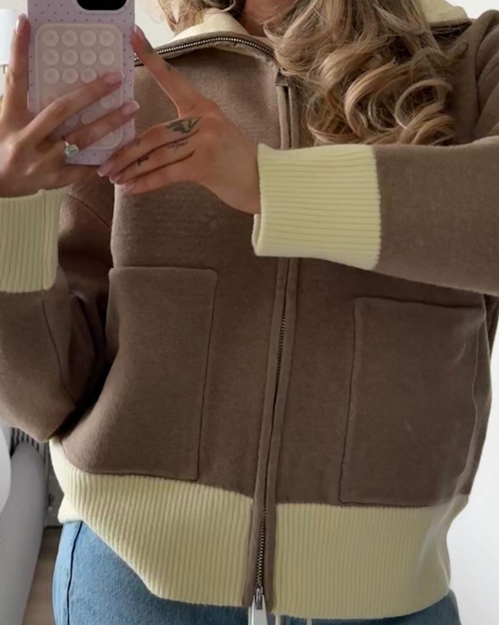 ZEYA - Monica Contrast Zip-Up Knit Cardigan