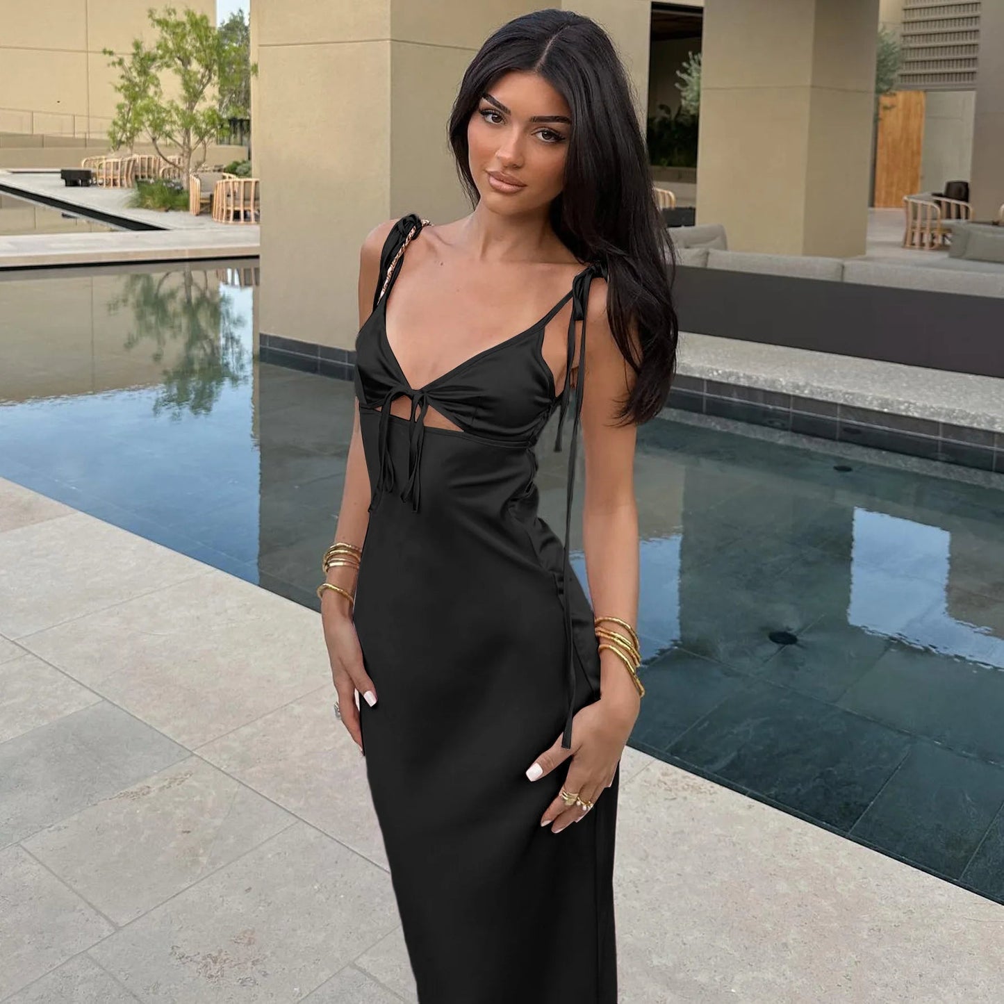 ZEYA - Renata Lace-Up Spaghetti Strap Maxi Dress