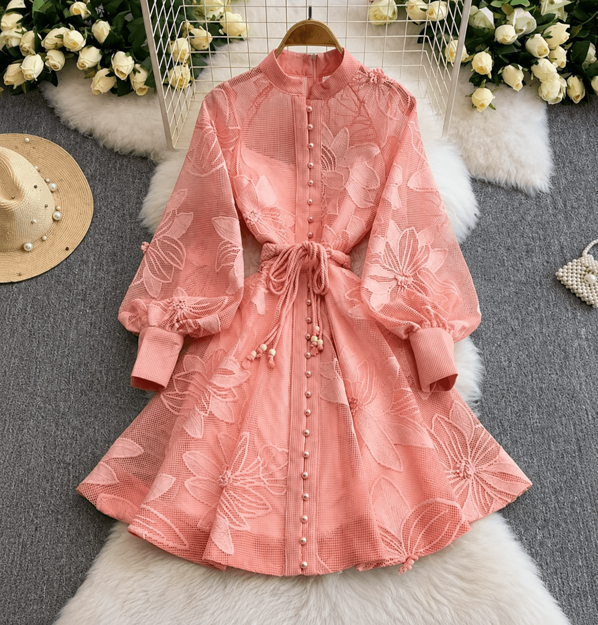 ZEYA - Sandra Embroidered Lace Belted Dress