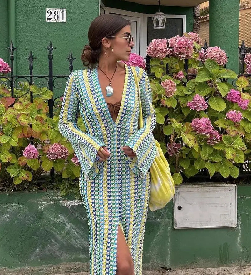 Sophia Crochet Stripe Flare Sleeve Maxi Dress