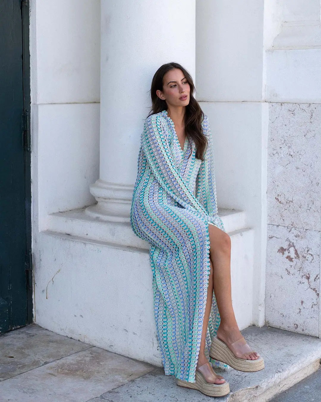 Sophia Crochet Stripe Flare Sleeve Maxi Dress